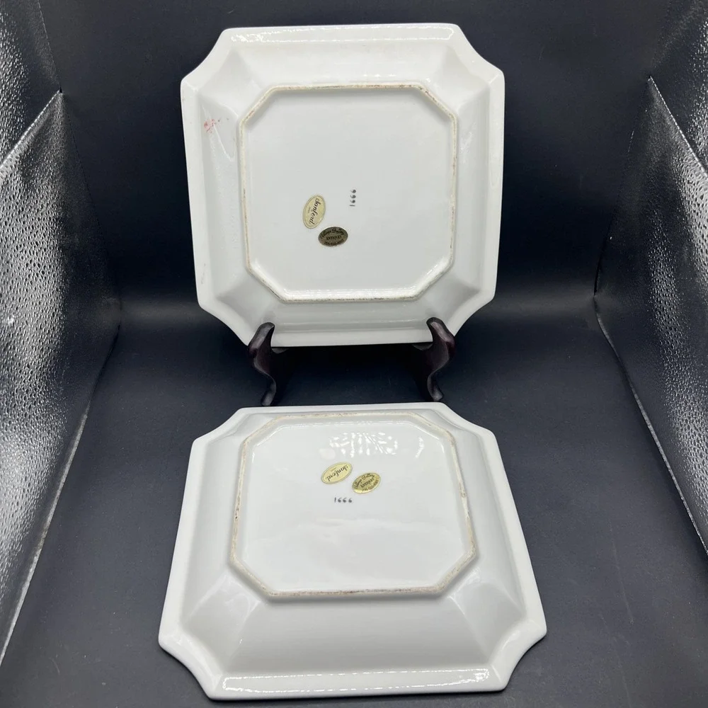 Pair Vintage Sanford Japan Porcelain Square Plates 1666 Birds Flowers Dish